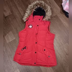 Canada Weather Gear Red Hooded Puffer Vest with Fur Trim